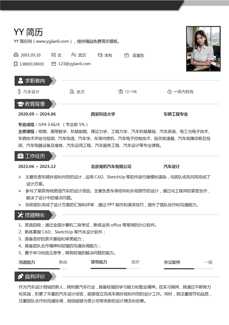 新能源汽车个人简历模板
