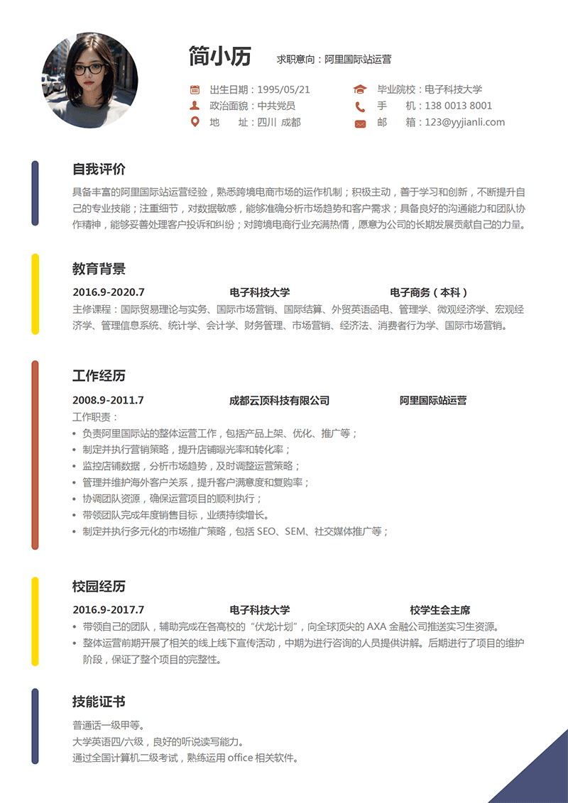 YY简历-阿里国际站运营简历模板
