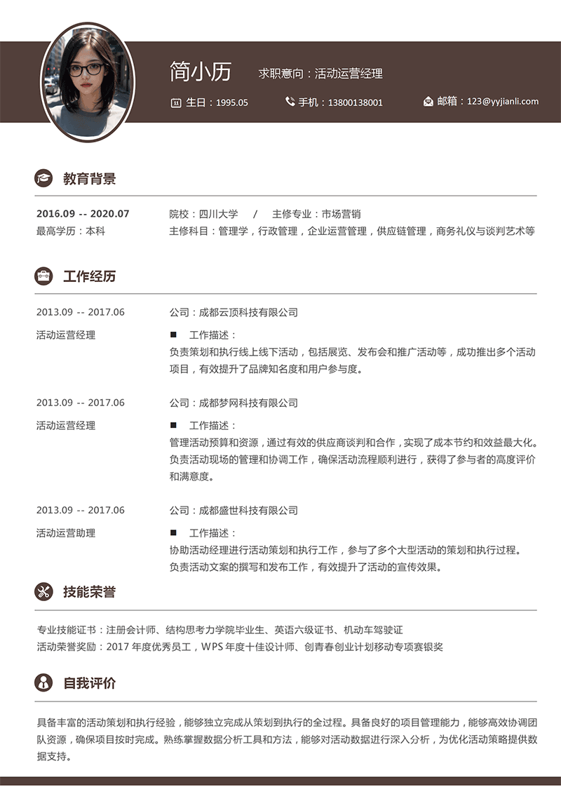 活动运营经理简历模板