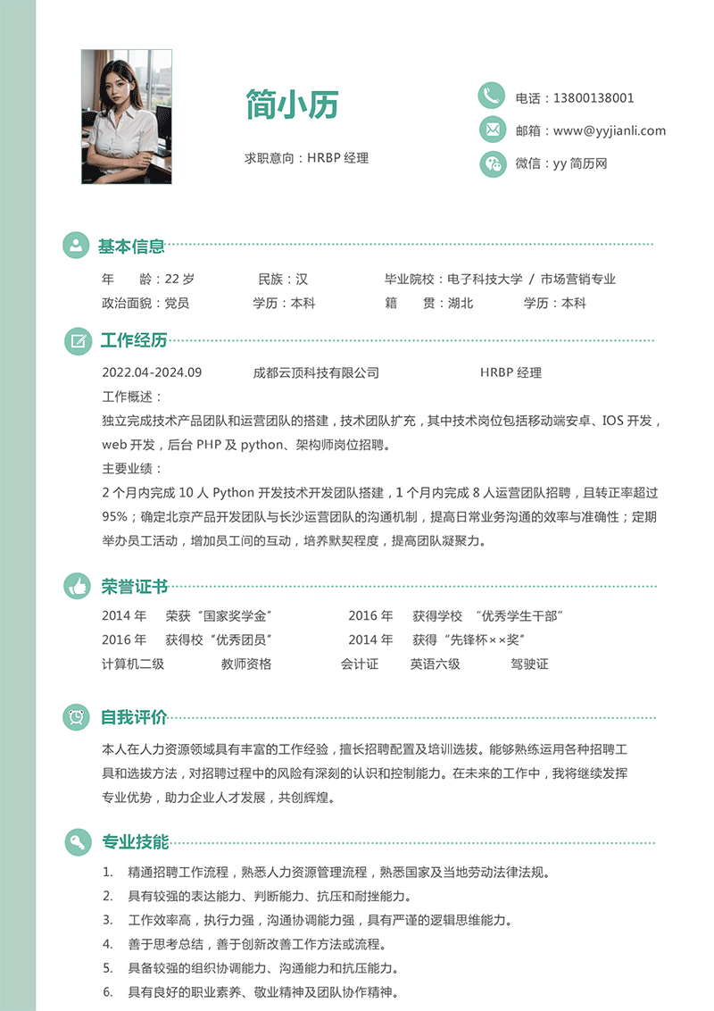 HRBP经理简历模板