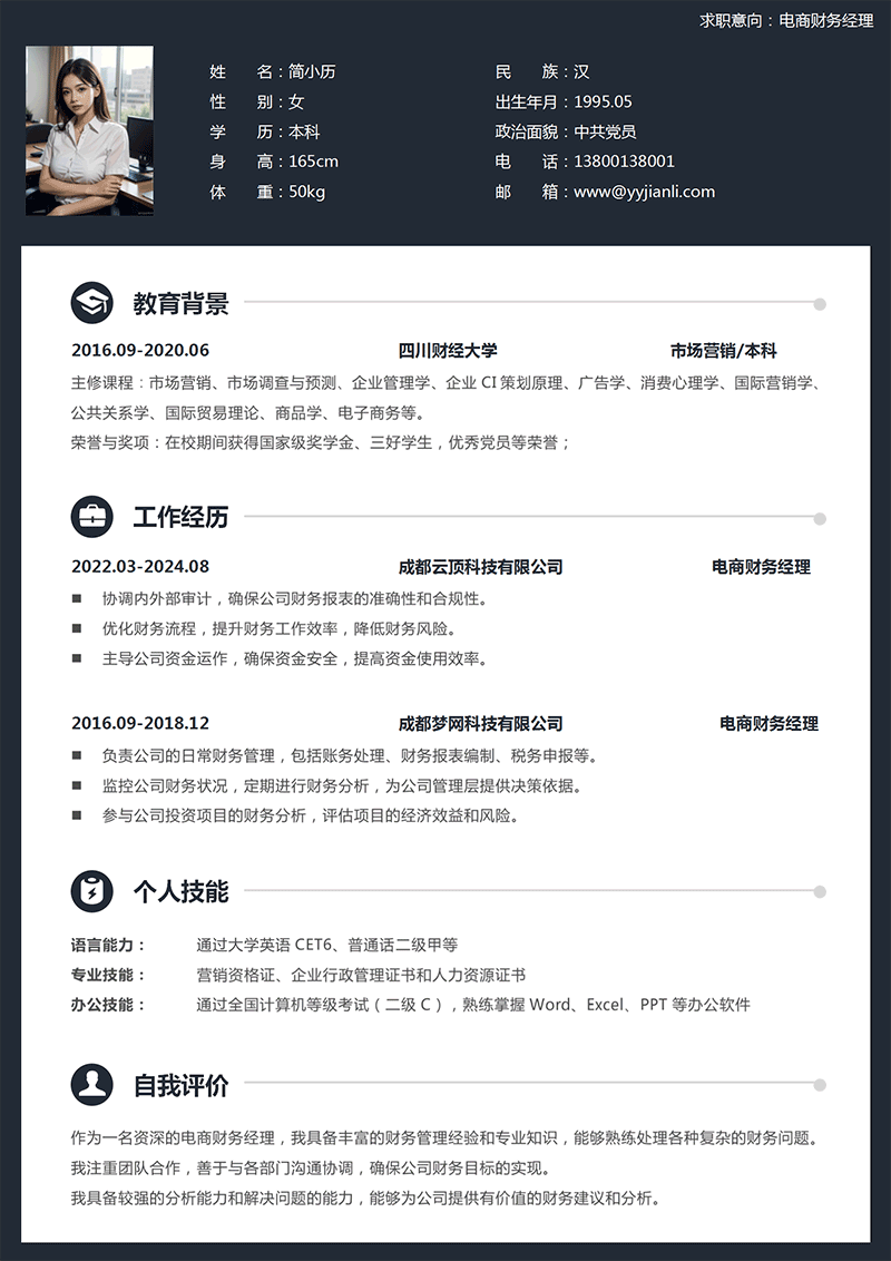 电商财务经理简历模板