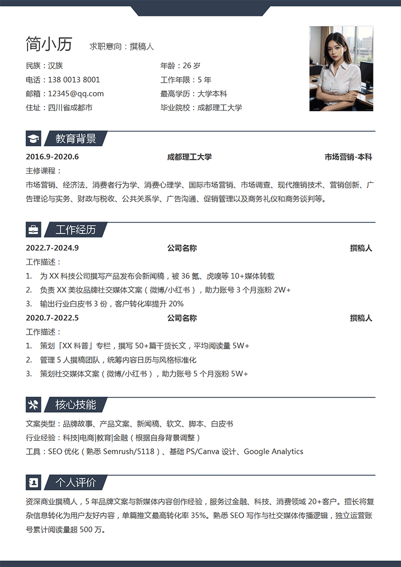 撰稿人简历模板