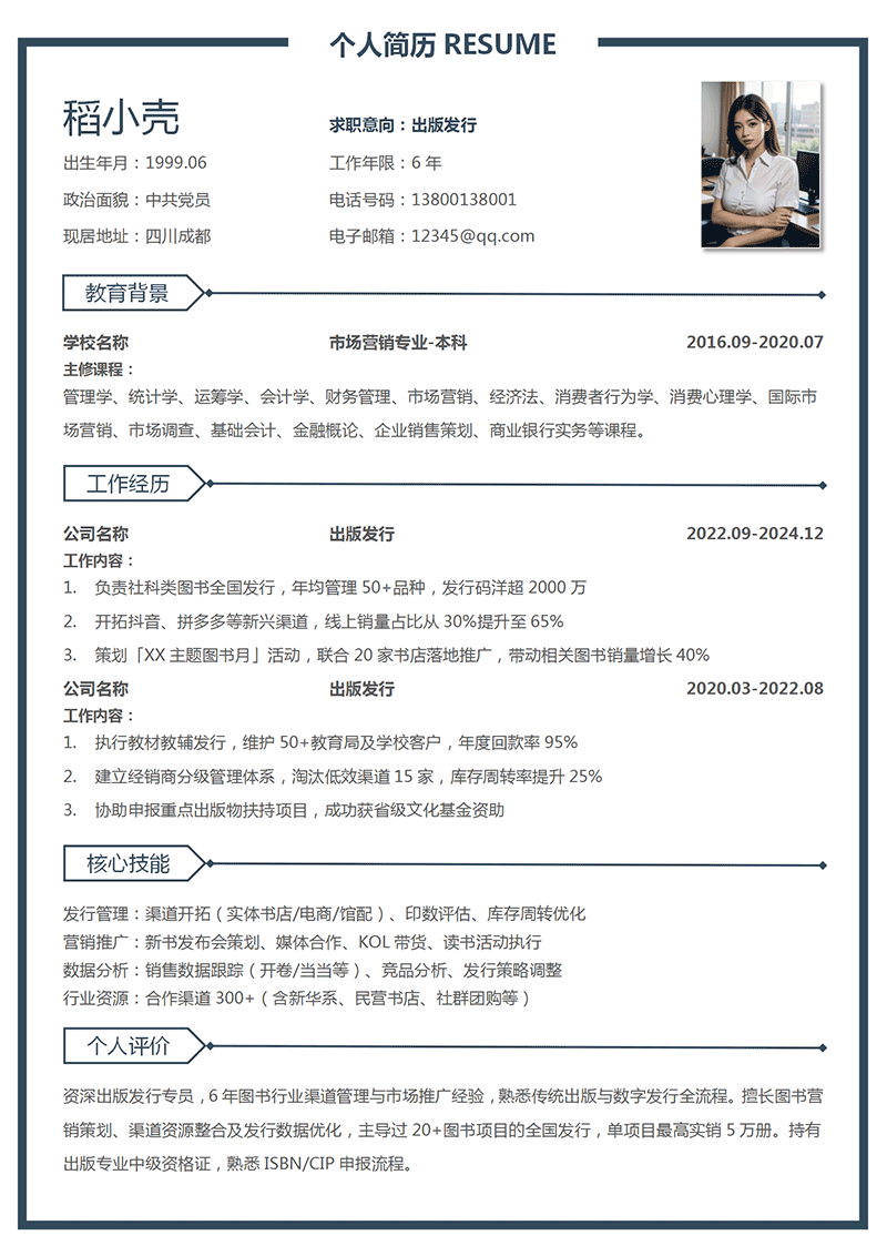 出版发行简历模板