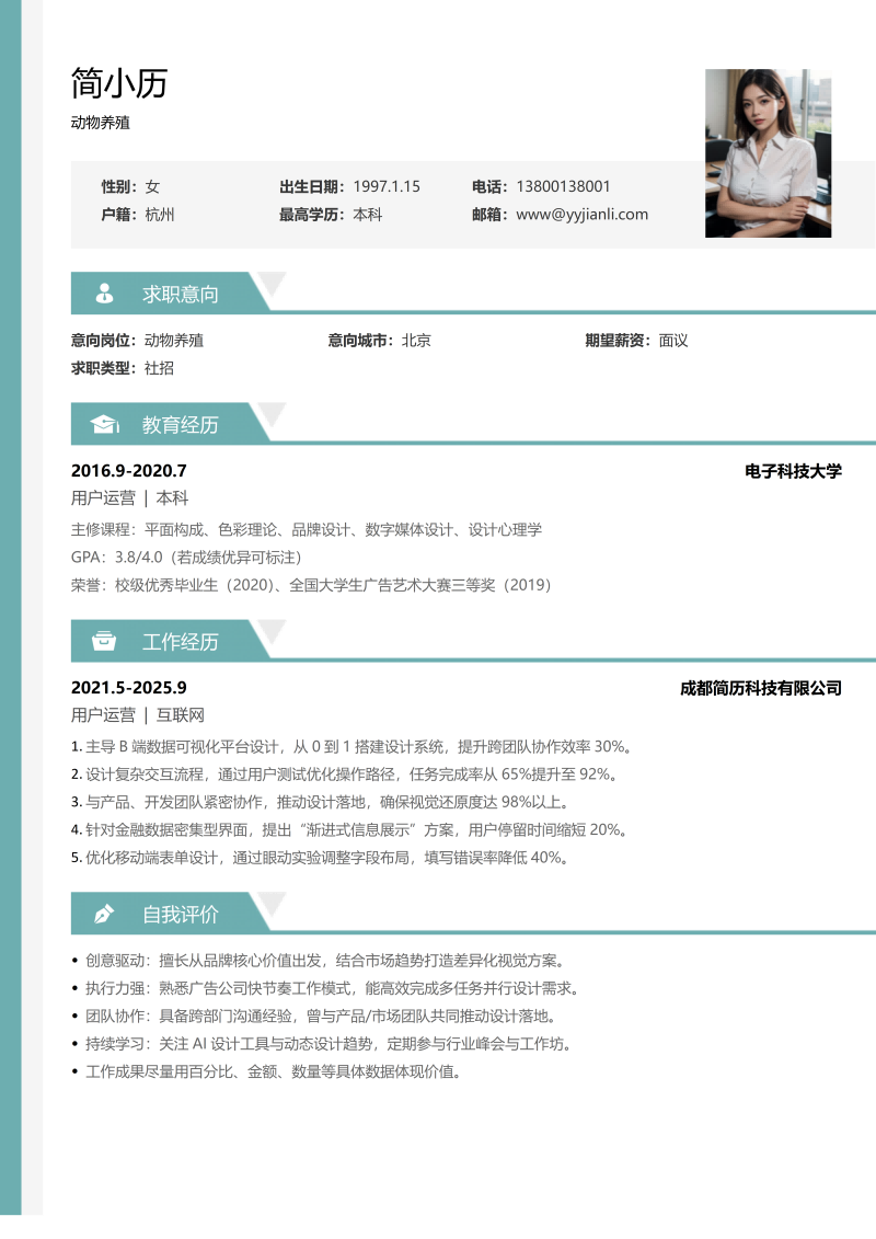 动物养殖简历模板