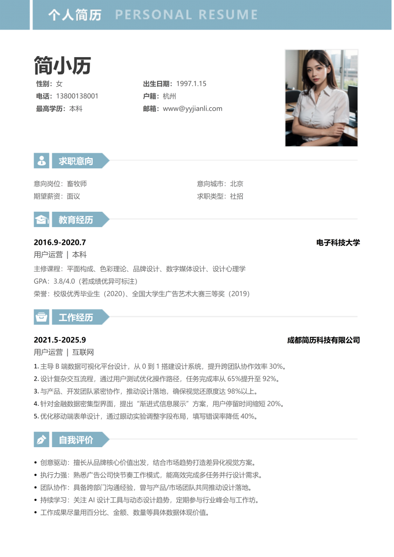 畜牧师简历模板