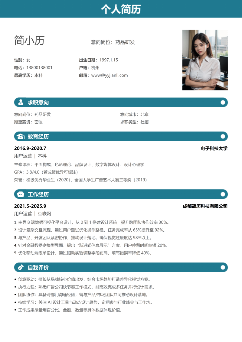 药品研发简历模板