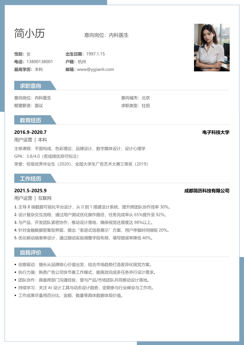 内科医生简历模板