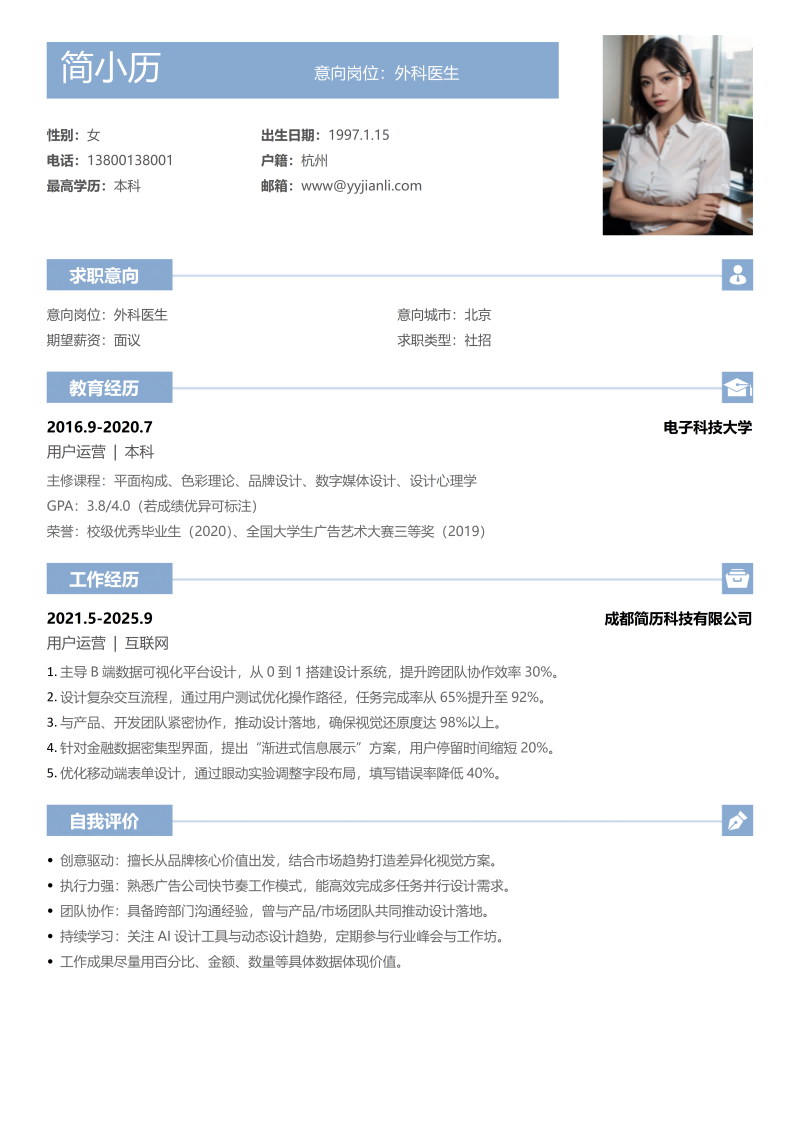 外科医生简历模板