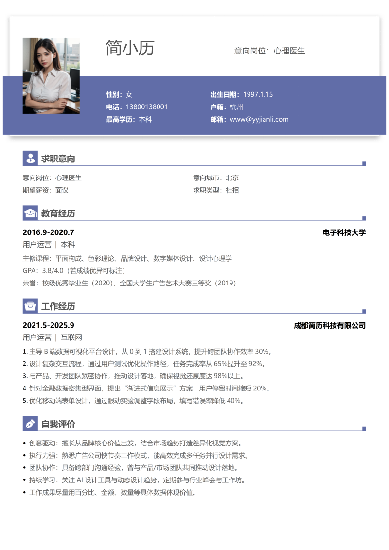 心理医生简历模板