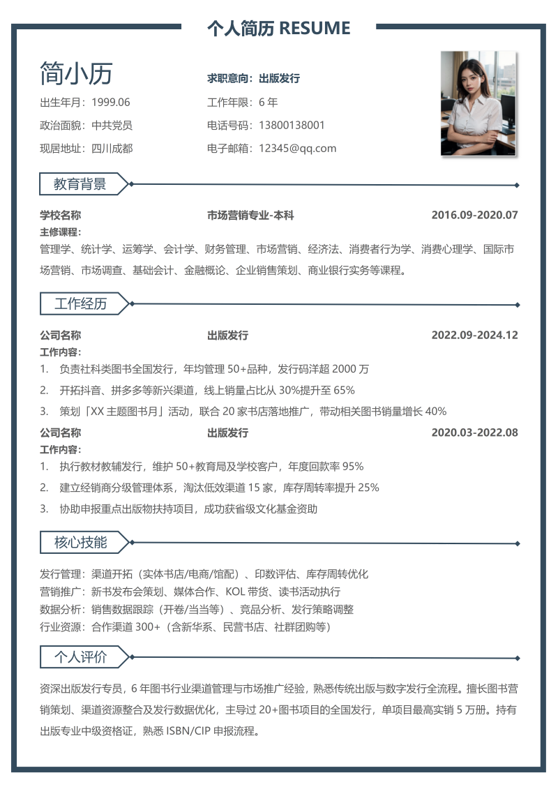 出版发行简历模板